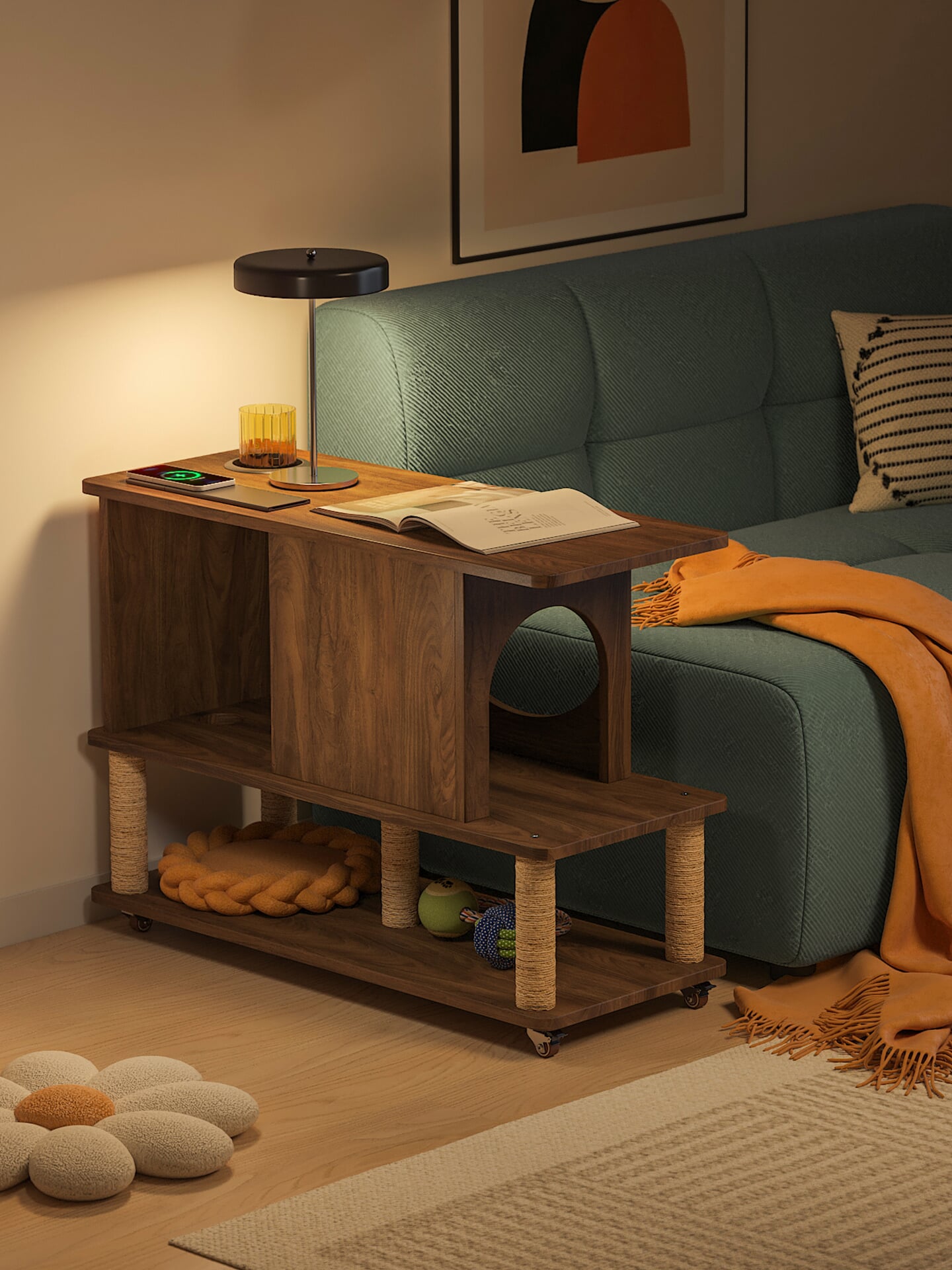 Mobile Side Table with Cat Bed