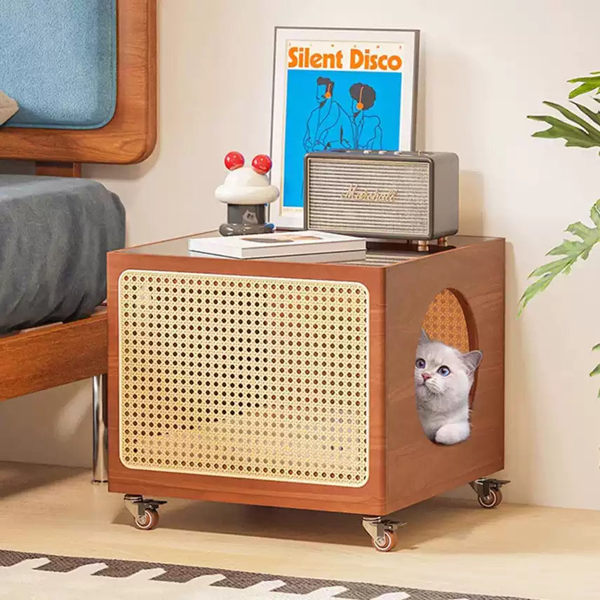 Dual-Level Side Table with Rattan Cat Bed & Amber Glass