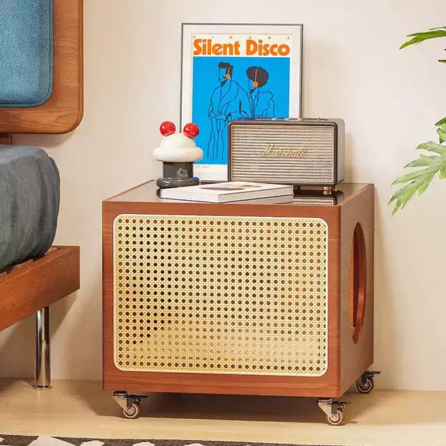 Dual-Level Side Table with Rattan Cat Bed & Amber Glass