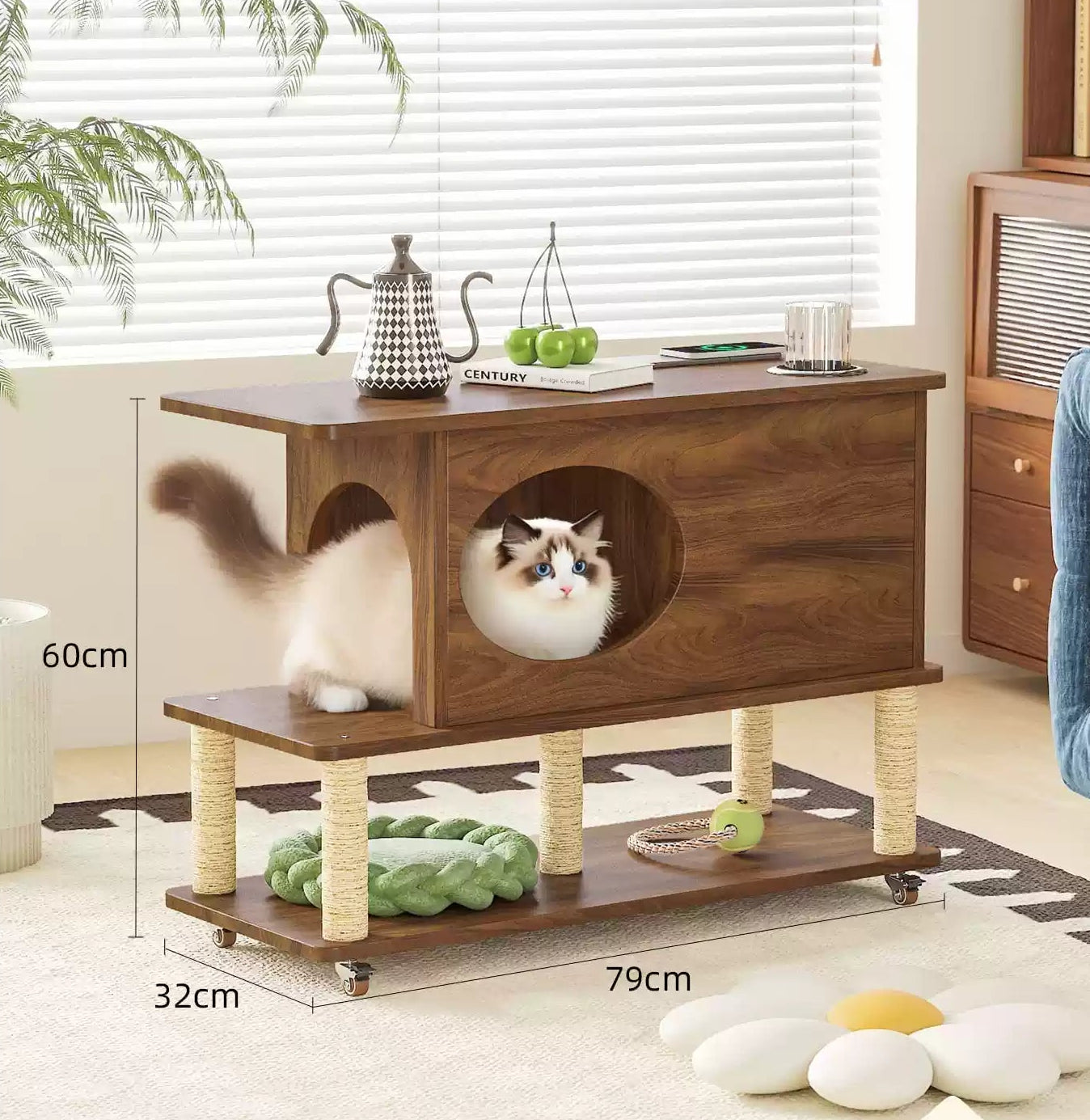 Mobile Side Table with Cat Bed