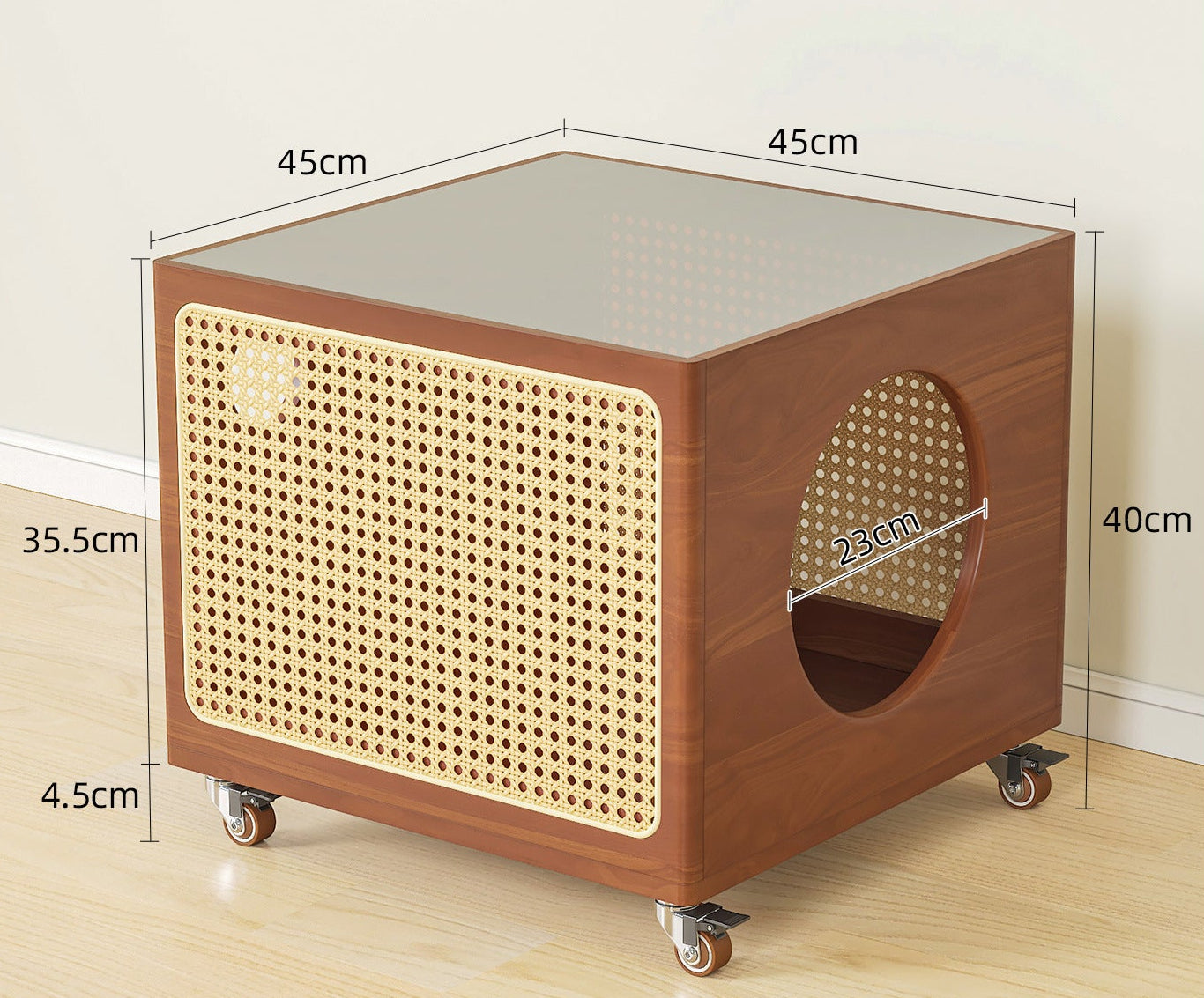 Dual-Level Side Table with Rattan Cat Bed & Amber Glass