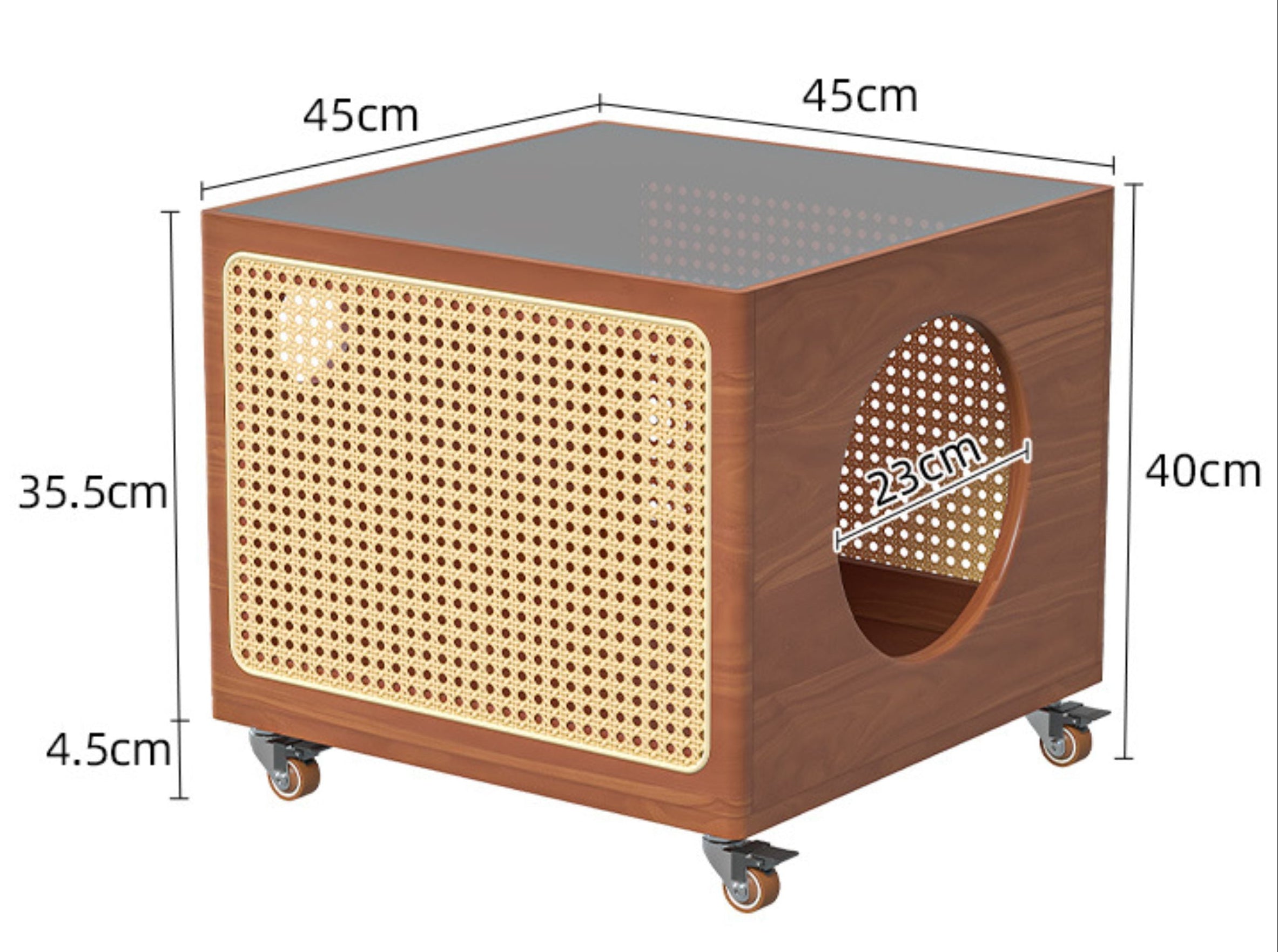 Dual-Level Side Table with Rattan Cat Bed & Amber Glass