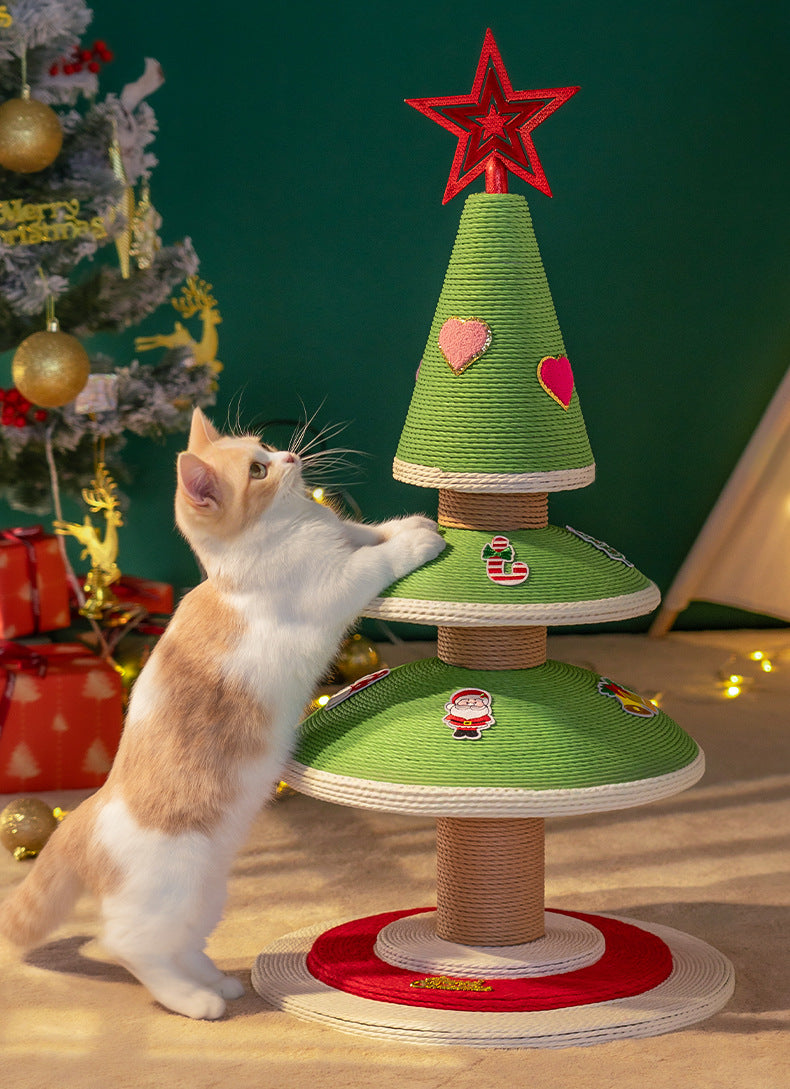 Christmas Cat Tree with Cat Bed - Compact Winter Flannel Cat Climber, Sisal Scratching Post & Space-Saving Cat Furniture