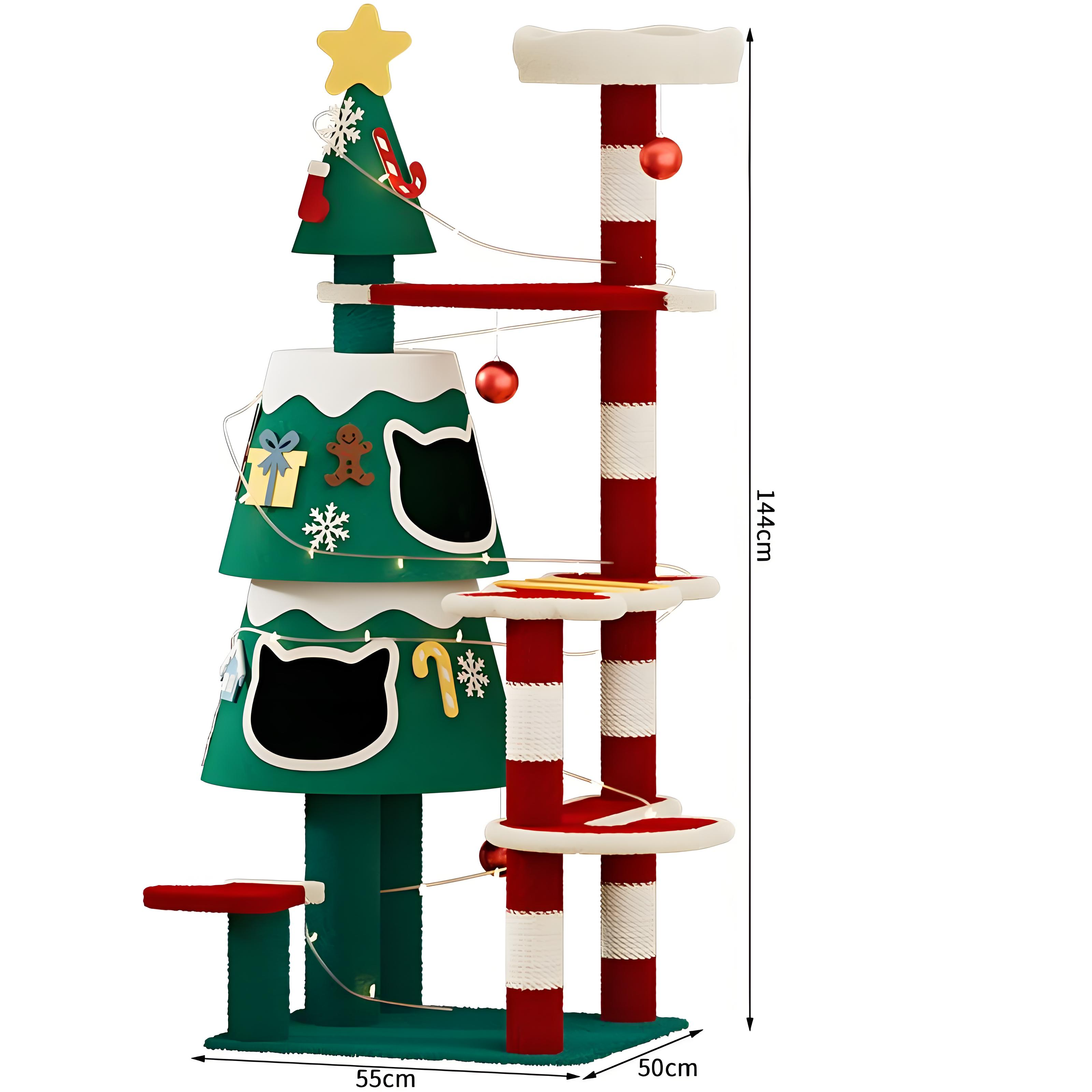 Christmas Tree Cat Tree – Cat Climbing Frame with Cozy Tree Hole Bed & Sisal Rope Toys | All-Season Cat Activity Center