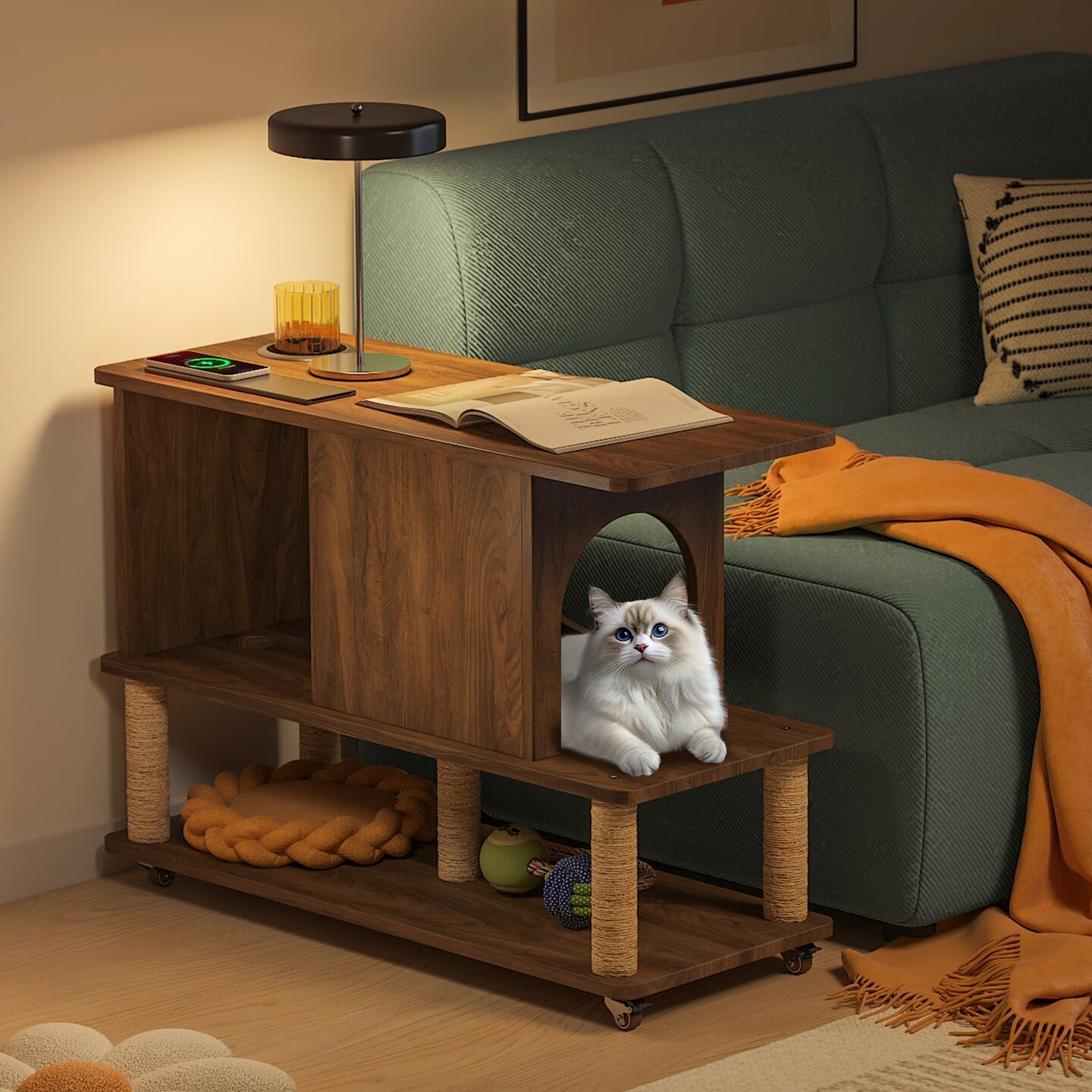 Mobile Side Table with Cat Bed